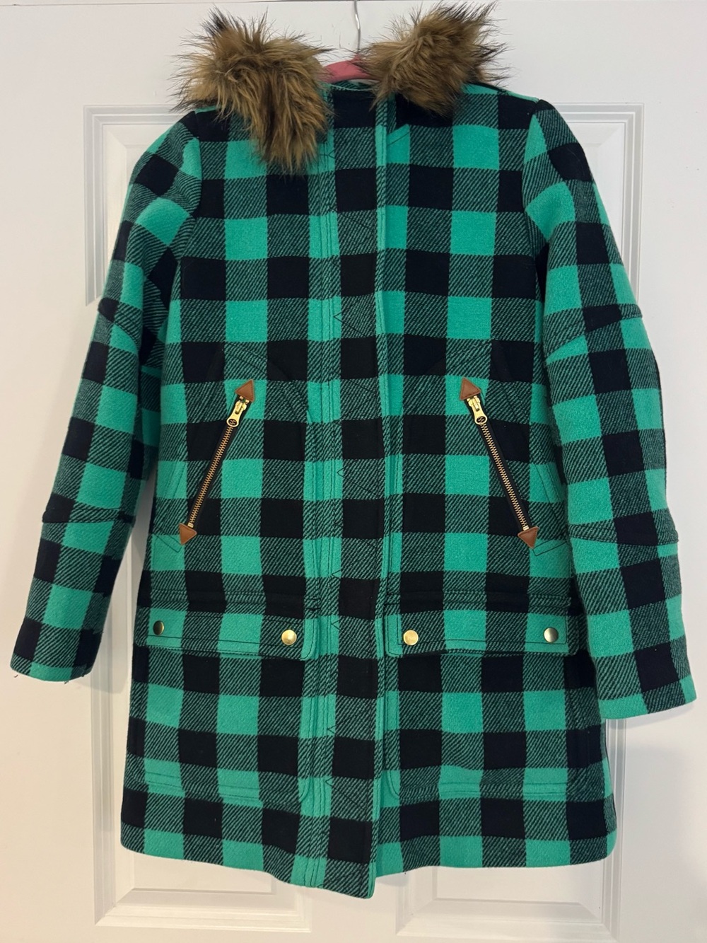J.Crew Chateau Parka Buffalo Check Italian Stadium Cloth Wool Faux Fur Hood Sz 0